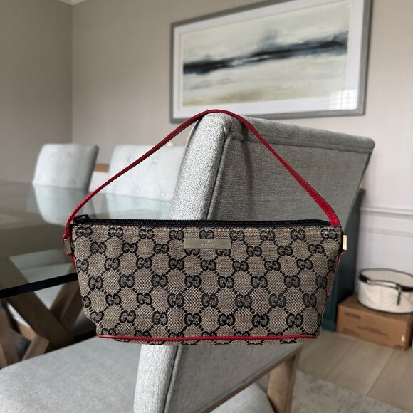 Gucci GG CANVAS Vintage Boat Pochette Grey/Red - Picture 1 of 9